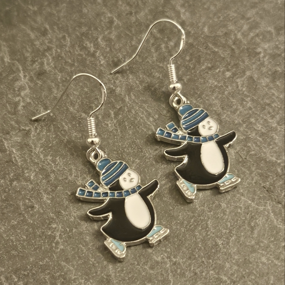 Penguin Ice Skating Winter Silver Plated Earrings